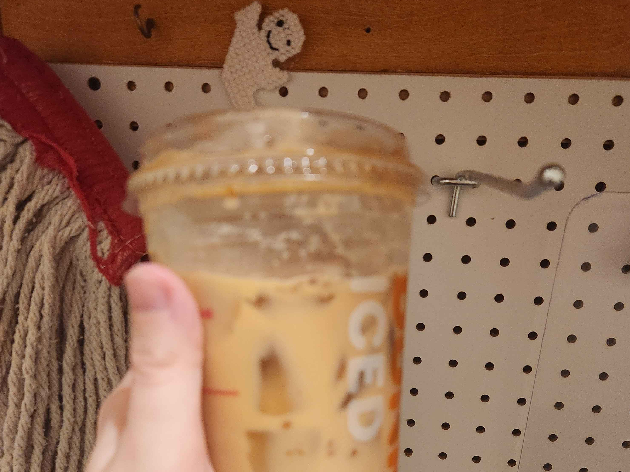 Blurry photo of a white hand gripping a Dunkin cup in a janitors closet.