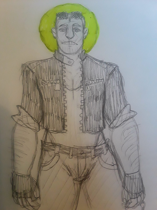 A pencil sketch of a man in a leather jacket with a yellow aura around his head.