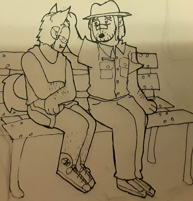 Pen art of two men on a park bench, one has wolf ears and is being pet.