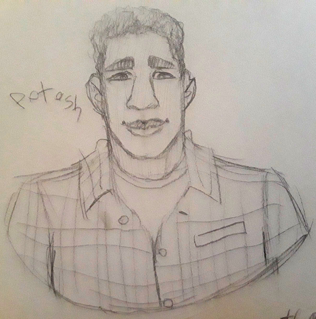 Pencil sketch of a smiling man in a flannel shirt.