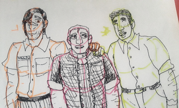 A pen sketch of 3 men being friendly together.