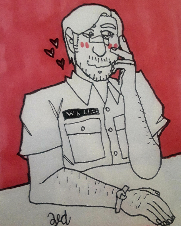 A pen sketch of a man blushing and smiling over a red background.