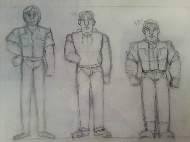 Pencil sketch of 3 men in a cast line up.