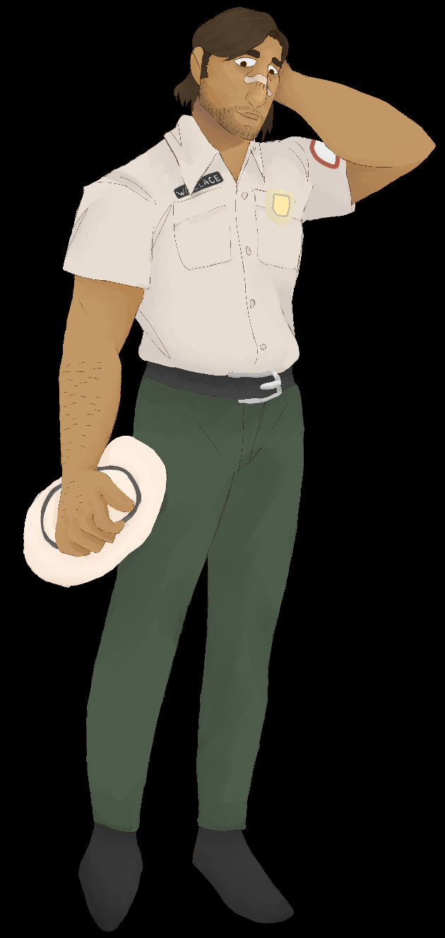 A man in a park ranger uniform, fullbody.