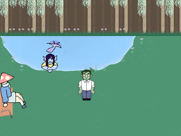 Screencap of MMSE, there is a man and several npcs in a cute pixel art style in a park.