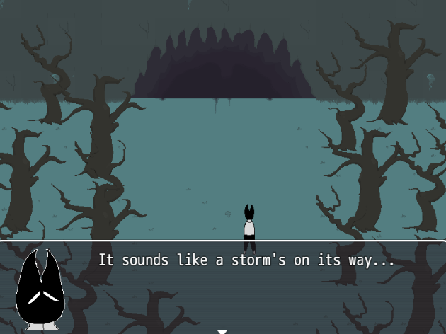 Screencap of Fungus & Delicacies, a small black creature stands in front of an ominous cave.