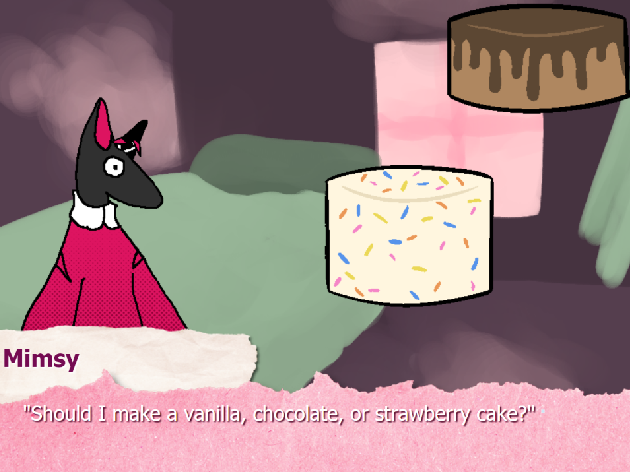 A black dog in a red dress looking at cakes on the screen, everything is in a cutesy pixel artstyle.