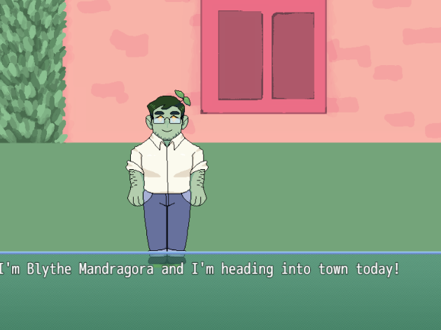 A green skinned man standing in front of a house in a cute pixel style.