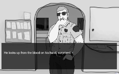 A pixelated monochrome game screenshot of a man with a suprised expression, his nose is bleeding.