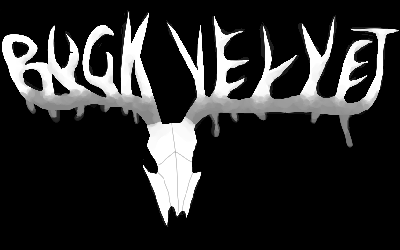 A deer skull on a plain black background, its antlers are shaped to spell BUCK VELVET.